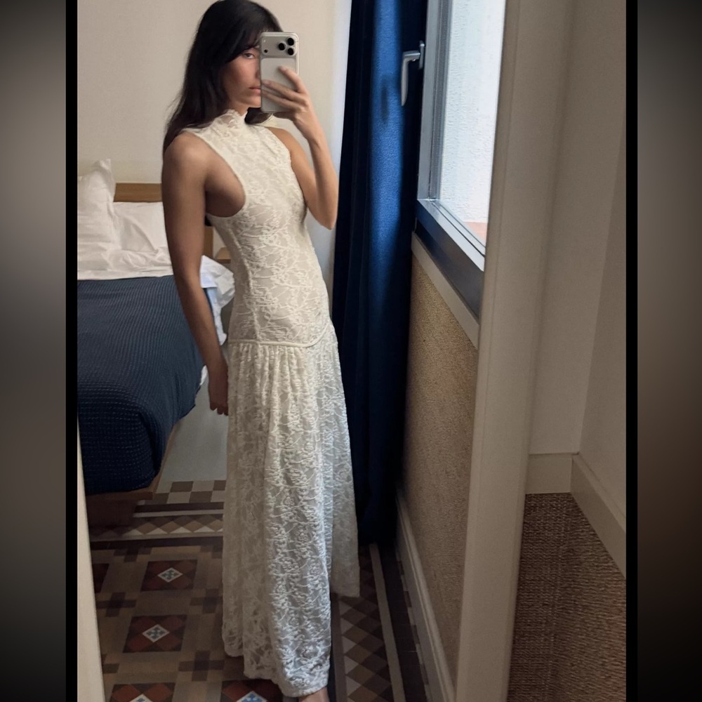 Zara Long Lace Dress High-Neck Ivory